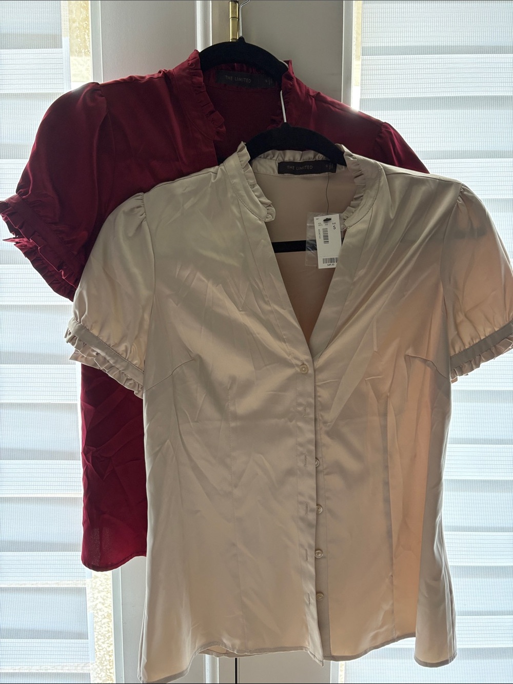 The Limited Satin Ruffle Short-Sleeve Blouse - Ivory & Burgundy
